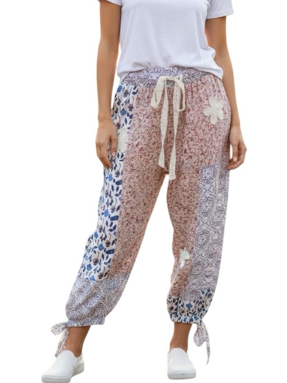 POL Floral Patchwork Drawstring Pants in Pink and Blue